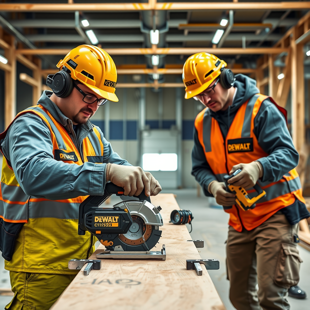 Echipa profesională casadurabil lucrând la un șantier de construcții cu unelte DeWalt certificate, demonstrând precizie și dedicare pentru calitate