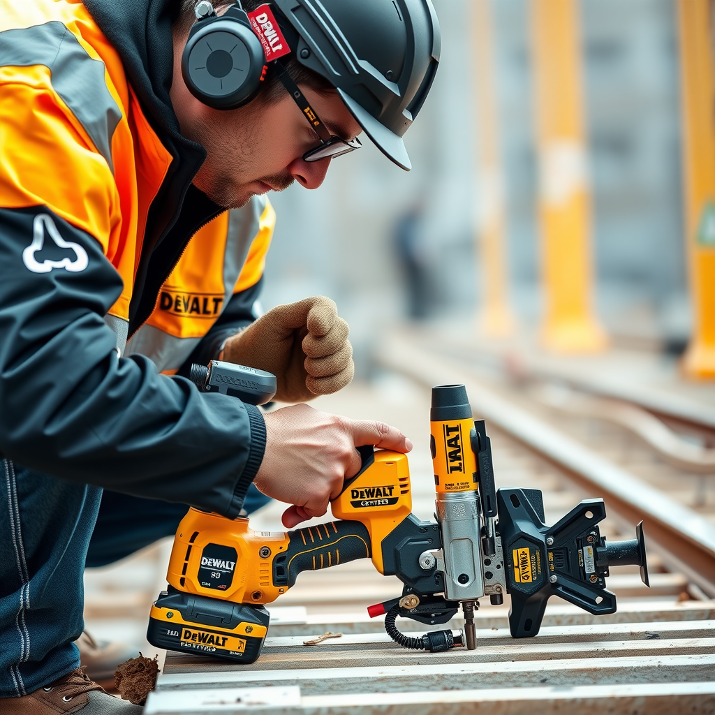 Professional construction worker using DeWalt certified power tools on a construction site, showing precision drilling work with yellow and black DeWalt equipment, safety gear, and quality craftsmanship in progress