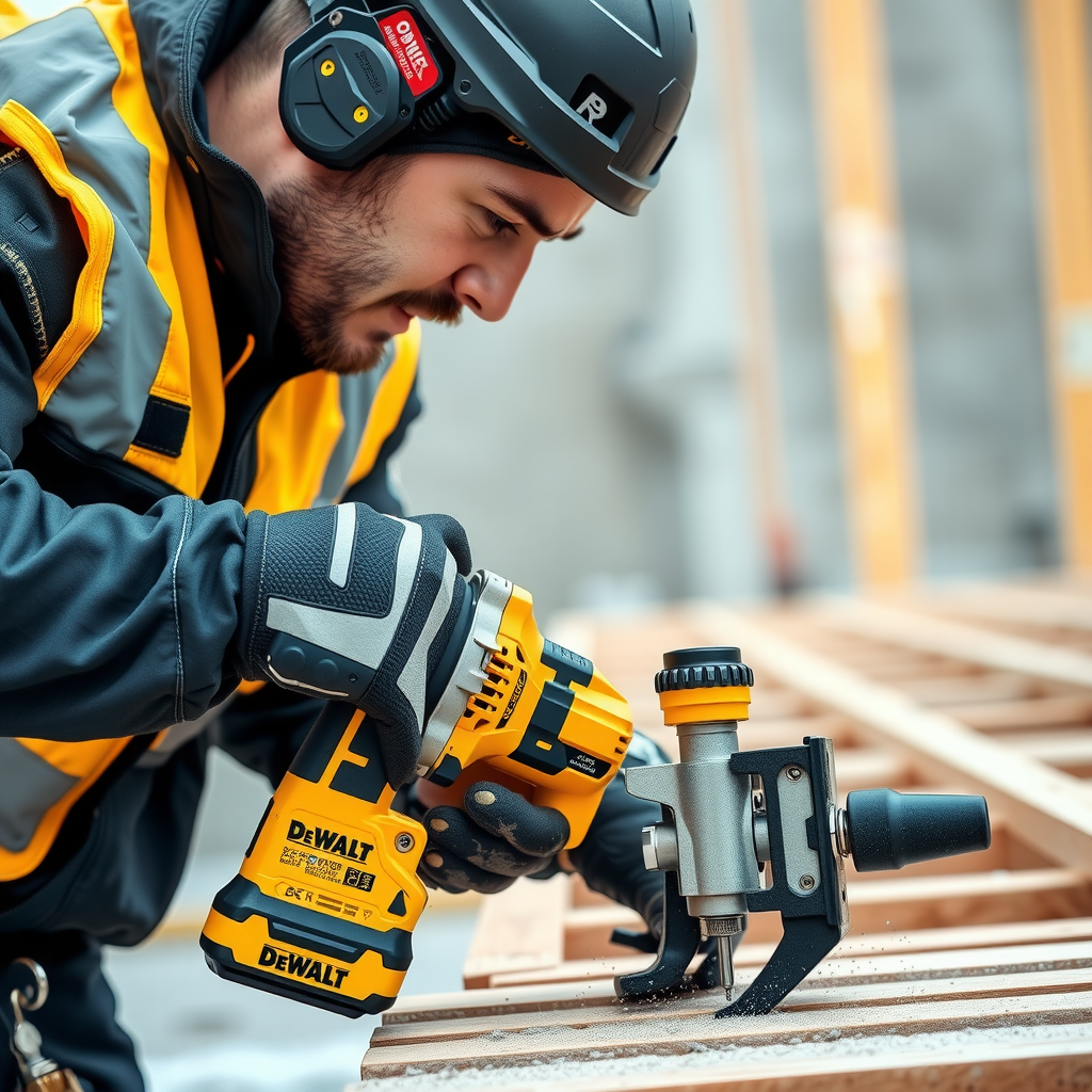 Professional construction worker using certified DeWalt power tools on a building site, showing precision drilling and quality craftsmanship with yellow and black professional equipment