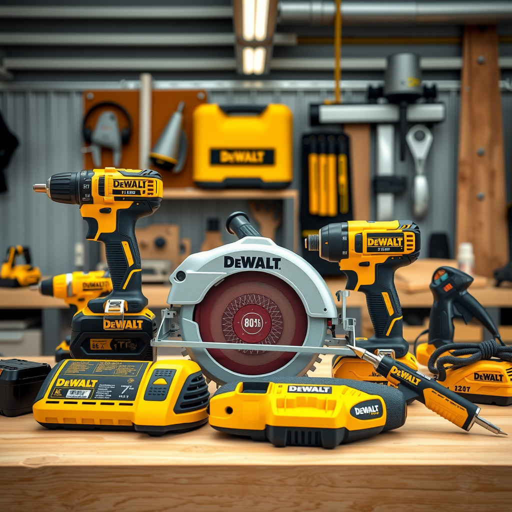 Colecție completă de scule DeWalt profesionale aranjate pe o bancă de lucru, incluzând bormaașină fără fir, ferăstrău circular, șurubelniță cu impact, șlefuitor orbital și pistol de lipit, toate în culorile caracteristice galben și negru DeWalt, pe un fundal de atelier modern