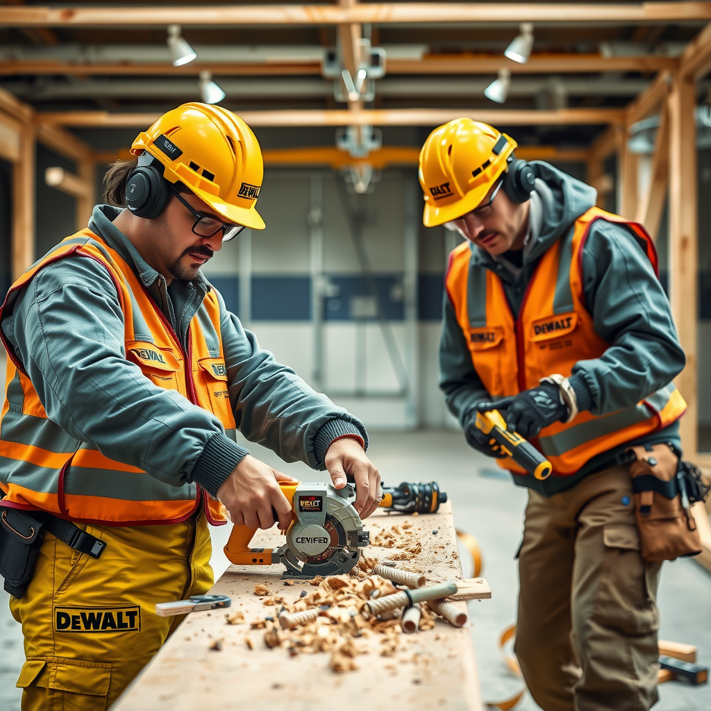 Echipa profesionistă casadurabil lucrând la un șantier de construcții, folosind unelte DeWalt certificate, demonstrând atenție la detalii și profesionalism în execuție