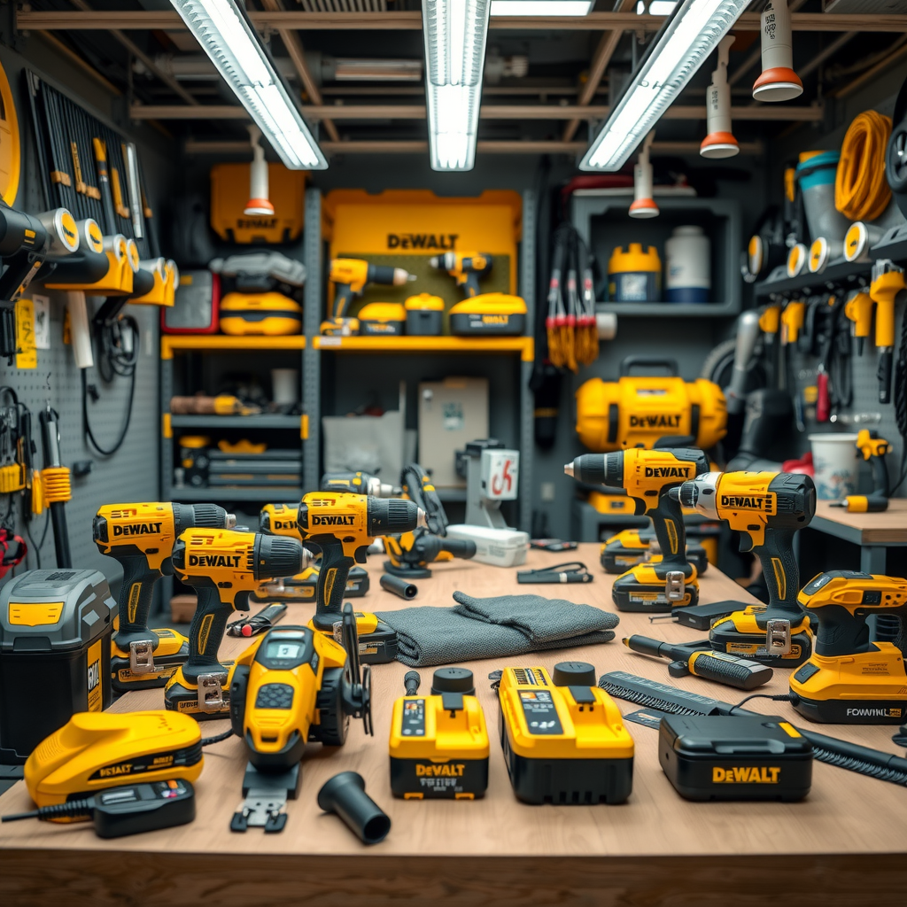 Atelier profesional de întreținere unelte DeWalt cu diverse scule electrice pe masa de lucru, truse de curățare, baterii și accesorii organizate sistematic