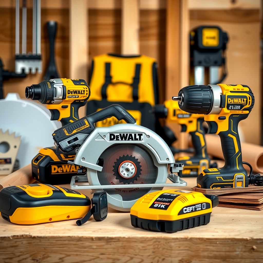 Collection of essential DeWalt power tools including cordless drill, circular saw, and impact driver arranged on workbench with construction materials, showcasing professional yellow and black equipment for home improvement