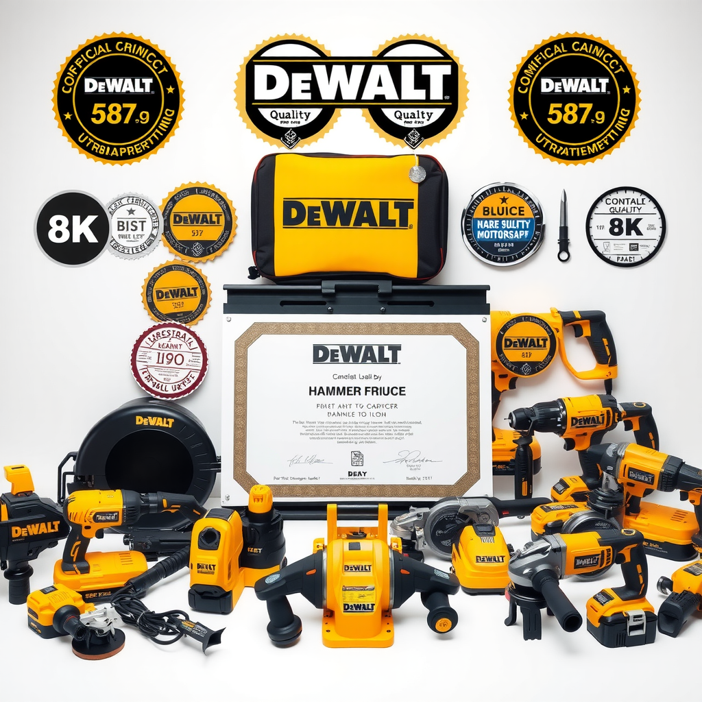 Certificat oficial DeWalt și sigilii de calitate afișate alături de o colecție organizată de unelte profesionale DeWalt, inclusiv bormasini cu percuție, șlefuitoare și ferăstraie, toate în stare impecabilă