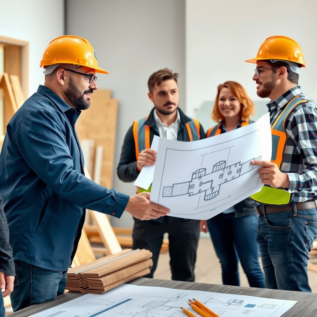 Professional construction team meeting with client, showing transparent communication, project blueprints, handshake, and quality building materials representing honest business relationships and durable construction solutions with casadurabil company values