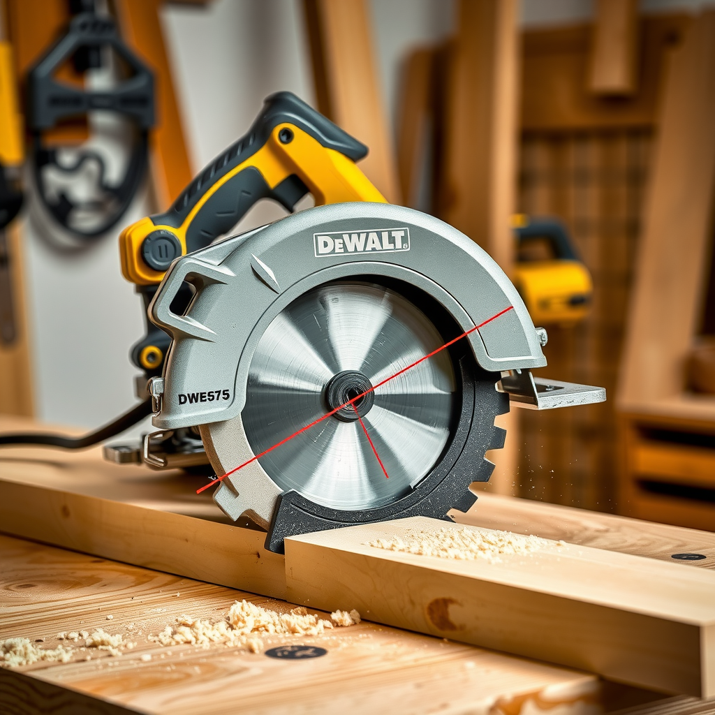 Ferăstrău circular DeWalt DWE575 tăind o scândură de lemn masiv pe o masă de lucru, pânza circulară în mișcare, ghidul laser roșu vizibil pe linia de tăiere, mâner ergonomic și protecția lamei vizibile, rumeguș proaspăt în jurul zonei de tăiere