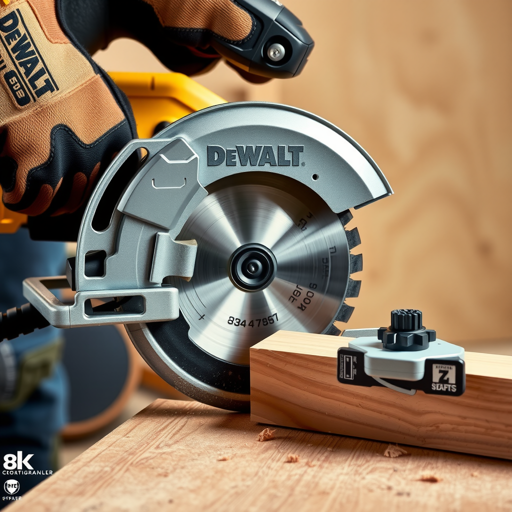 Ferăstrău circular DeWalt profesional tăind cu precizie o placă de lemn masiv, cu detalii clare ale lamei de tăiere, sistemului de ghidare și finisajului perfect al tăieturii, fără așchii sau neregularități