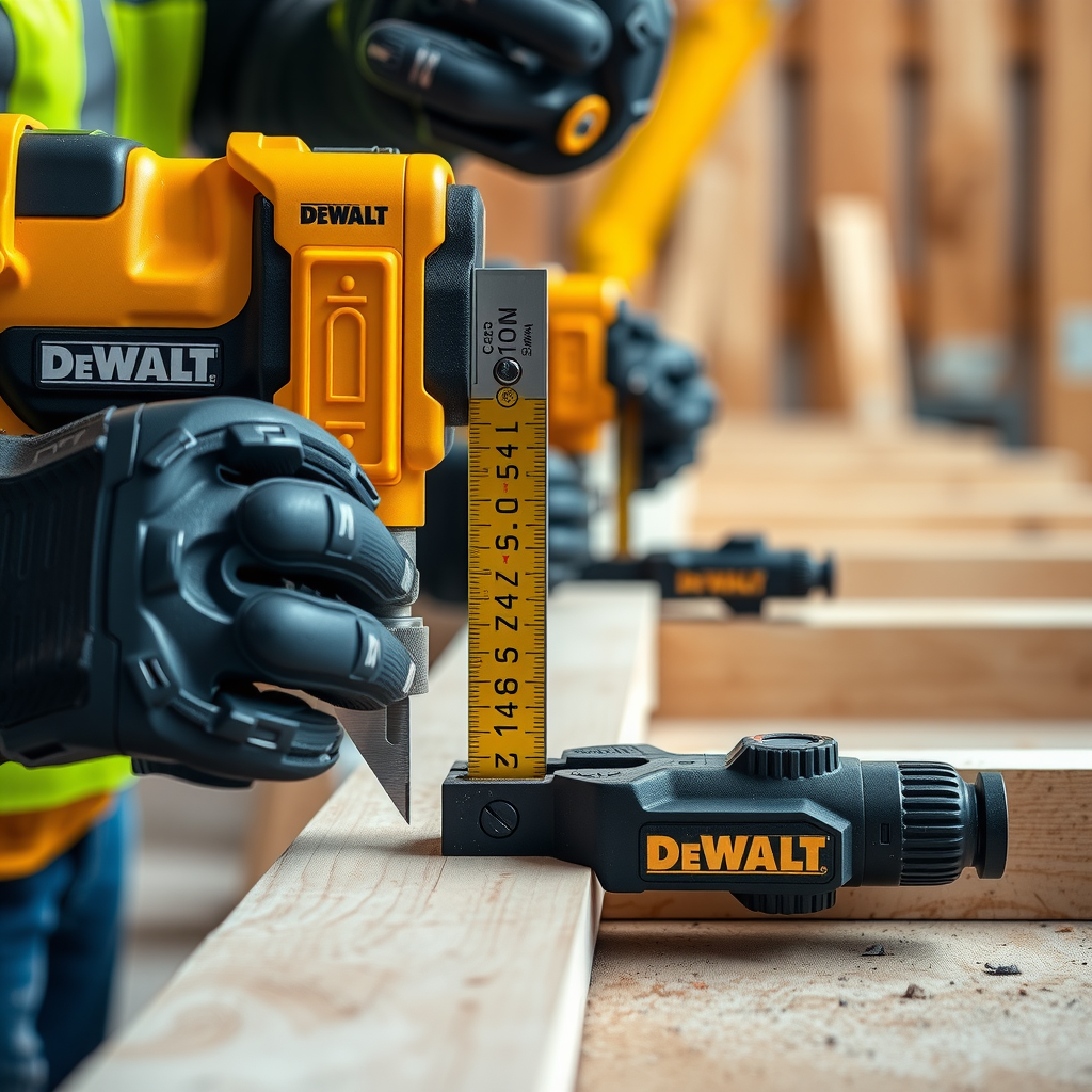 Close-up of precision construction work showing certified DeWalt tools measuring and cutting materials with accuracy, demonstrating professional craftsmanship and quality control in building projects