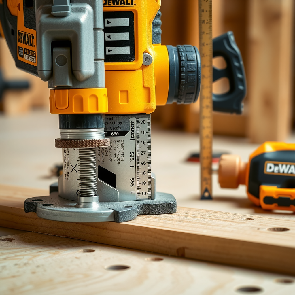 Detaliu al lucrărilor de precizie executate cu unelte DeWalt, arătând măsurători exacte, tăieturi perfecte și finisaje impecabile pe diverse materiale de construcție