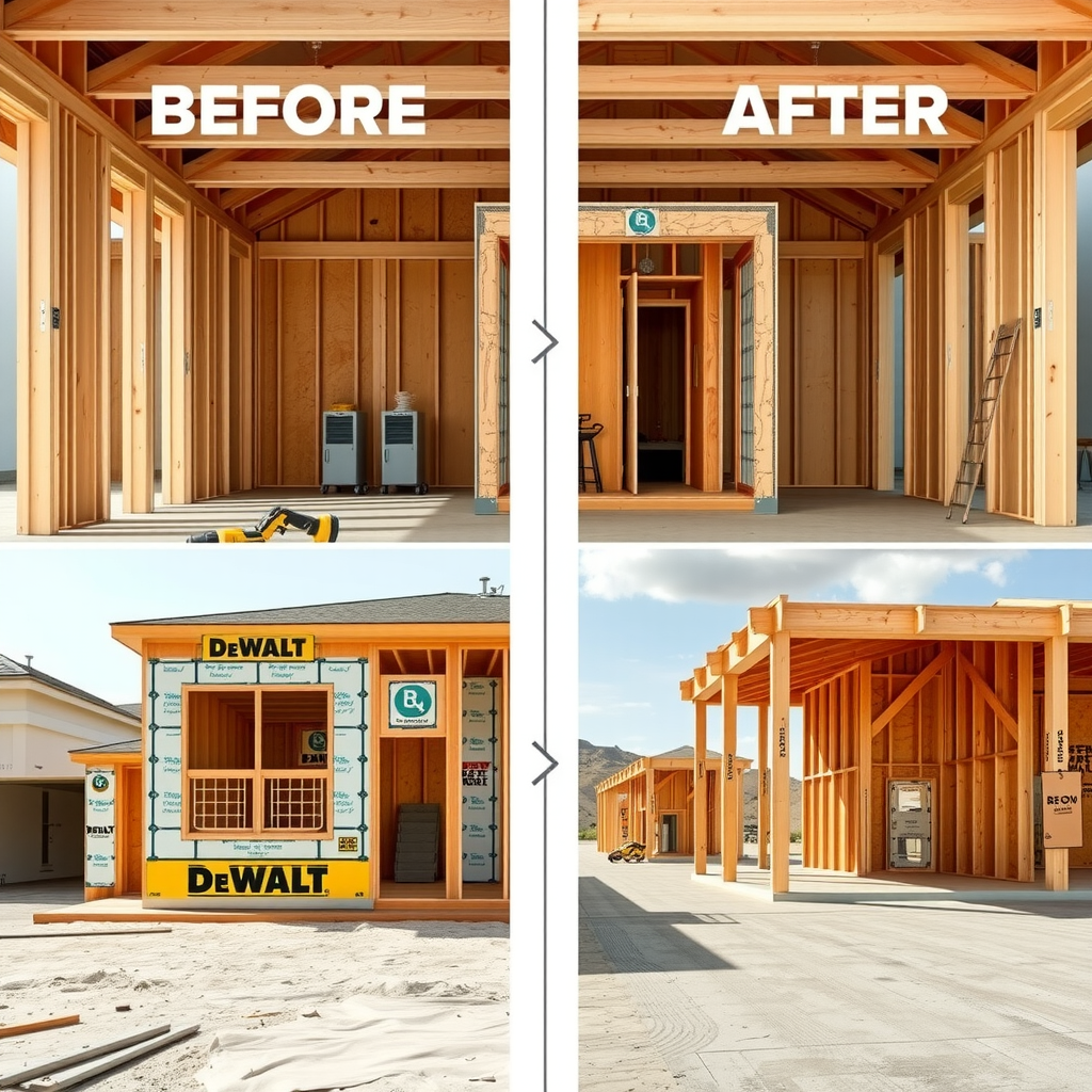 Comparație înainte și după a unui proiect de construcție finalizat, arătând calitatea excepțională a lucrărilor executate cu unelte DeWalt, cu detalii clare ale finisajelor perfecte și structurii solide