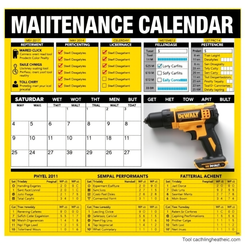 Calendar profesional de întreținere cu checklist-uri detaliate, grafice de performanță și sistem de urmărire pentru fiecare unealtă DeWalt